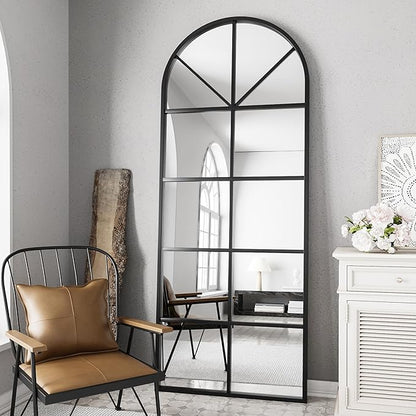 Full Length Mirror, Black Floor Mirror, 64"x21" Arched Window Pane Mirror, Oversize Wall Mirrors, Farmhouse Standing Mirrors with Aluminum Frame Hanging or Leaning for Living Room, No Stand