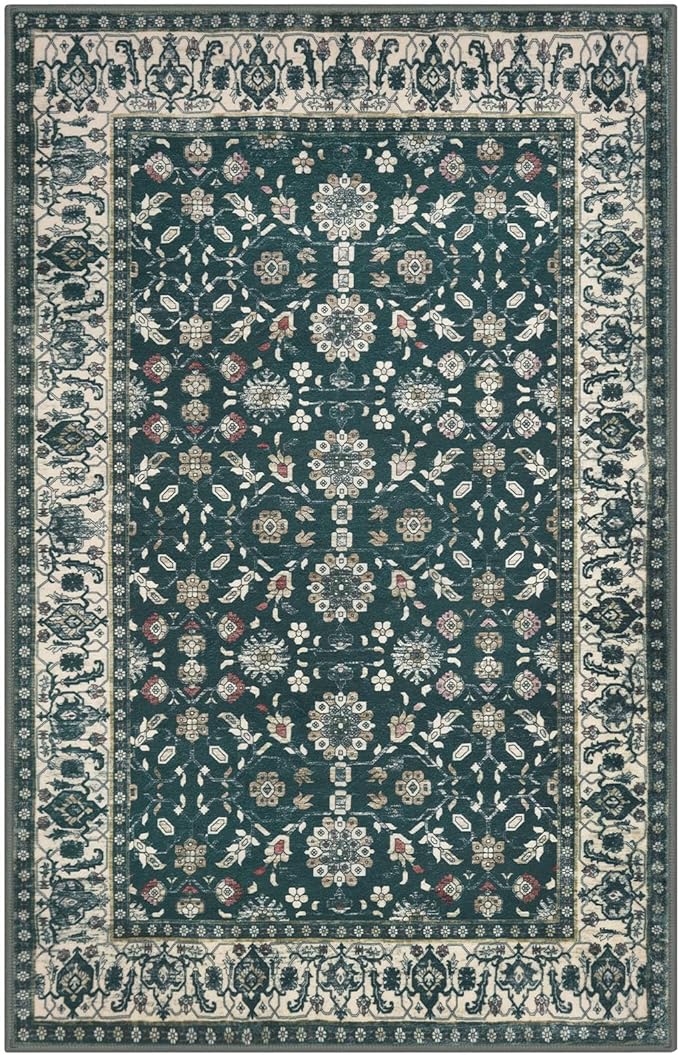 KUTA Vintage 2x3 Rugs for Entryway, Non-Slip Washable Kitchen Rugs & Indoor Door Mat with Floral Print, Green Beige Ultra Thin Soft Low-Pile Throw Rug for Front Door, Bedside, Small Spaces