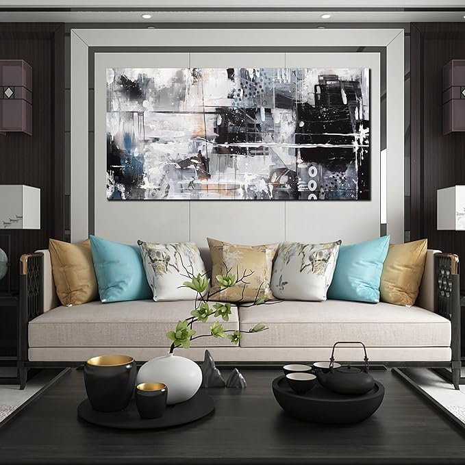 HUBOSKN Abstract Wall Art for Living Room Large Size - Black and White Canvas Wall Art for Office - Modern Art Wall Decor for Bedroom Size 29" x 59"