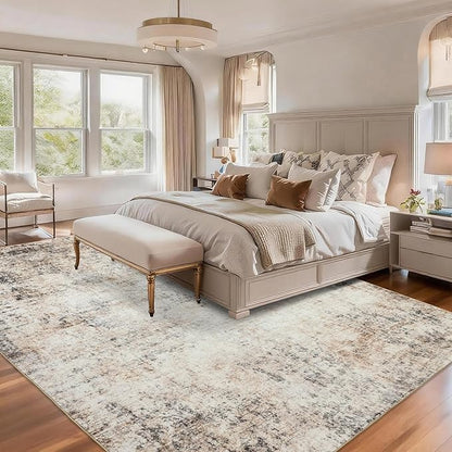 Area Rugs 9x12 Living Room: Wahsable Rubber Backing Abstract Rug for Bedroom Dining Room - Large Soft Thin Easy Clean Neutral Indoor Carpet - Contemporary Home Decor -Beige Brown