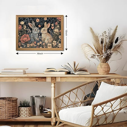 AKWISH Easter Framed 3D Textured Vintage Wall Art - Dark Academia Bunny Decor Hand Drawn Sandstone Paintings with Botanical Florals, Aesthetic Wall Decor for Living Room Bedroom Home 12x16 inch