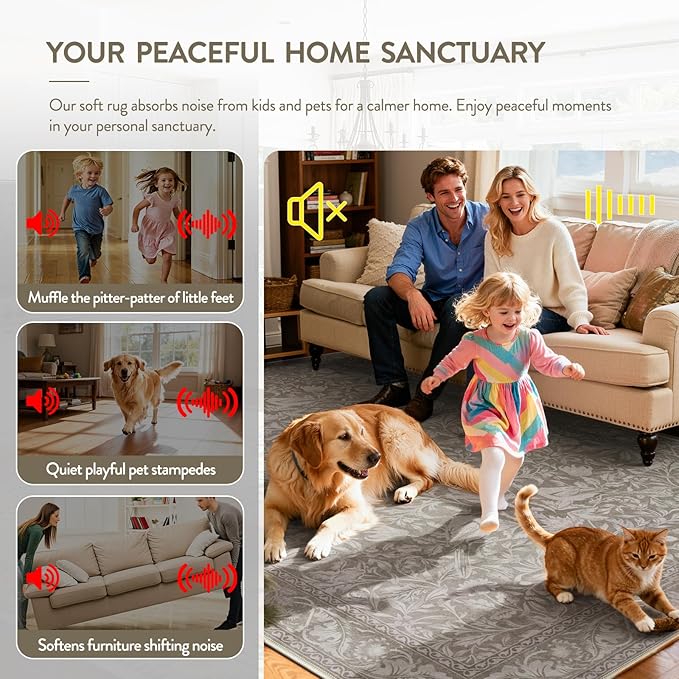 Lahome Bird Washable Area Rugs 5x7, Soft 5x7 Rug for Living Room Bedroom, Non Slip Low Pile Stain Resistance Botanical Vintage Carpet for Dining Room Office, Hemp/Taupe