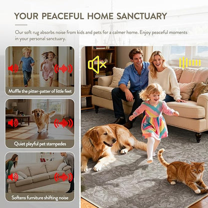 Lahome Bird Washable Area Rugs 5x7, Soft 5x7 Rug for Living Room Bedroom, Non Slip Low Pile Stain Resistance Botanical Vintage Carpet for Dining Room Office, Hemp/Taupe