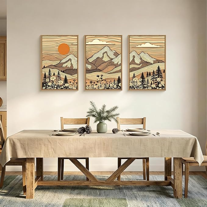 HPNIUB Woodcut Style Mountain Framed Wall Art Set,Abstract Wilderness Forest Wall Decor,Vintage Boho Sunset Art Print,Brown Line Nature Forest Scenery Artwork for Living Room,Bedroom,Office-24 x36 x3