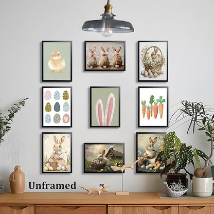 9 Pcs Easter Bunny Wall Decor, Vintage Holiday Wall Art Painting, Rustic Easter Egg Décor Oil Paintings, Fun Rabbit Canvas Poster Print Picture, Vintage Home Decor Animals Artwork Prints 8''x10'' Unframed