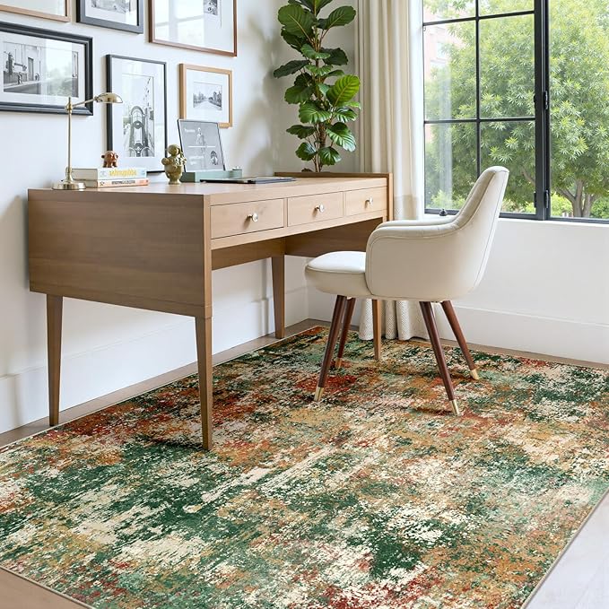 RELEANY Washable Area Rugs 5'x8' Non-Slip Modern Abstract Soft for Living Room Entryway Bedroom Nursery, Print Pattern, Green Orange Rust Red Cream Colorful