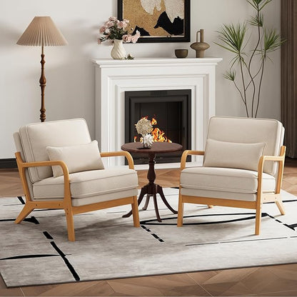 MALOL Accent Chair Set of 2 with Solid Wood Frame, Mid-Century Relaxing Armchair Lumbar Pillow& Soft Cushion, Reading Leisure Chair for Living Room, Bedroom, Waiting Room-Beige