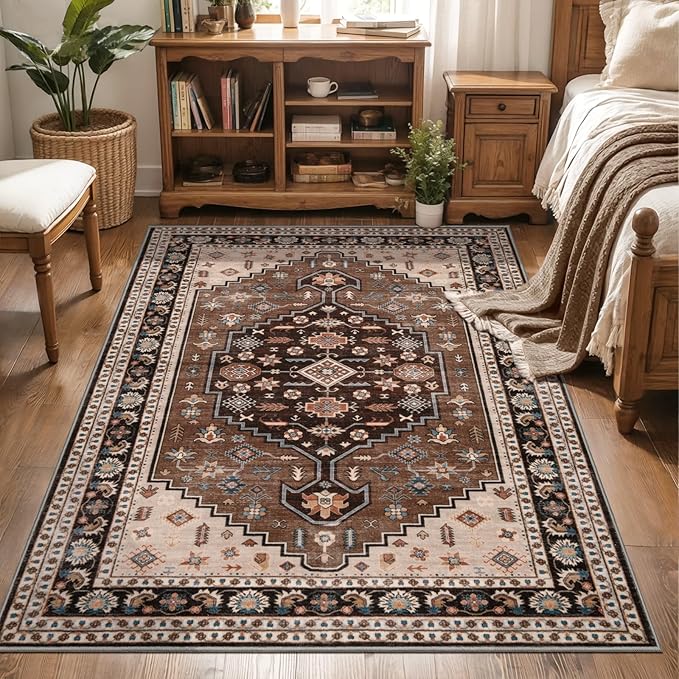 Tangsoo Vintage 3x5 Rug for Bedroom,Non-Slip Soft Low Pile Brown Beige Indoor Area Rug,Washable Boho Carpet for Front Porch Living Room Patio Entryway