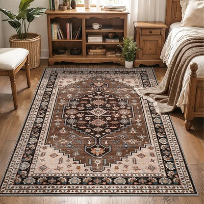Tangsoo Vintage 3x5 Rug for Bedroom,Non-Slip Soft Low Pile Brown Beige Indoor Area Rug,Washable Boho Carpet for Front Porch Living Room Patio Entryway