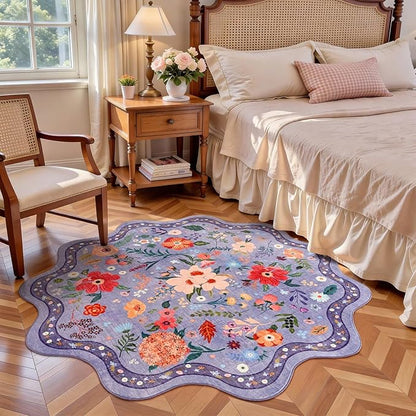 Macgace Purple Round Rug for Girls Bedroom, 4ft Machine Washable Floral Area Rugs with Non Slip Backing, Cute Flower Carpet Kitchen Living Room Kids Playroom Decor