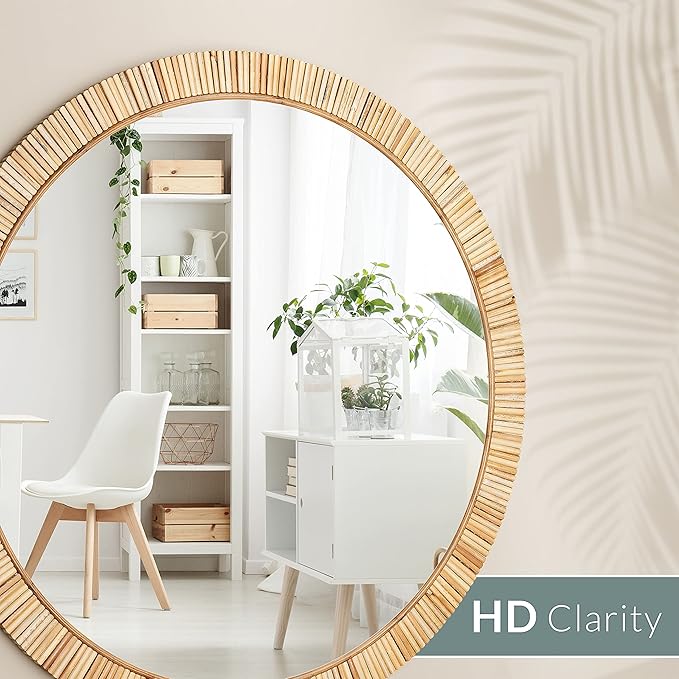 Barnyard Designs Round Rattan Wall Mirror, Natural Tan Woven Rattan Frame, Indoor Decorative Mirror for Bedroom Living Room Entryway (25.5", Round)