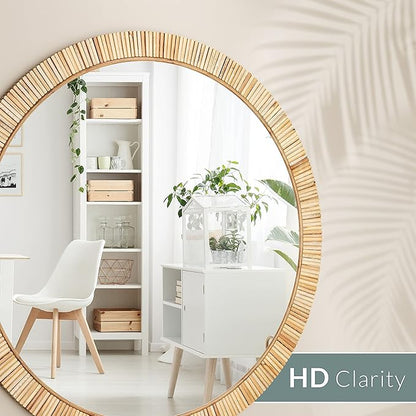 Barnyard Designs Round Rattan Wall Mirror, Natural Tan Woven Rattan Frame, Indoor Decorative Mirror for Bedroom Living Room Entryway (25.5", Round)