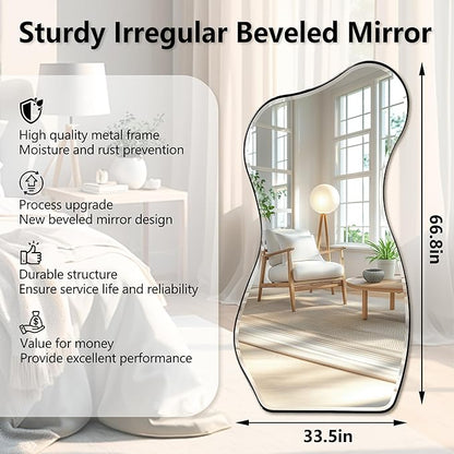 POZINO Large Irregular Beveled Mirror, 66.8"x33.5" Asymmetrical Full Length Mirror with Metal Frame, Premium Organic Aesthetic Floor Mirrors for Living Room Entryway Cloakroom, Leaning/Wall-Mount