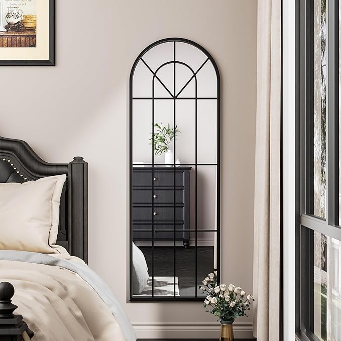OGCAU Full Length Mirror, 65"x22" Arched Window Floor Length Mirror, Hanging or Leaning, Full Body with Iron Frame, Window Pane Wall Mounted Home Decor for Bedroom Living Room (Black)
