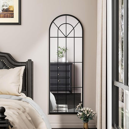 OGCAU Full Length Mirror, 65"x22" Arched Window Floor Length Mirror, Hanging or Leaning, Full Body with Iron Frame, Window Pane Wall Mounted Home Decor for Bedroom Living Room (Black)