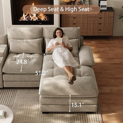 134"U Shaped Sectional Couches for Living Room,Oversized Modular Sectional Fluffy Couch with Chaise Lounge & Tufted Buttons,Modern Chenille 6 Seat Living Room Sofa Set with Storage Console,Camel