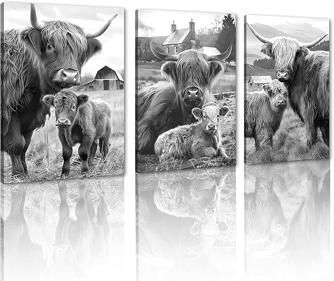 Rustic Cow Family Canvas Wall Art 3 Piece Black and White Highland Cow Picture for Bathroom Wall Decor Cute Animal Print Artwork for Country House Gallery Bedroom Decoration 20x28inchx3pcs