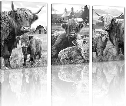 Rustic Cow Family Canvas Wall Art 3 Piece Black and White Highland Cow Picture for Bathroom Wall Decor Cute Animal Print Artwork for Country House Gallery Bedroom Decoration 20x28inchx3pcs