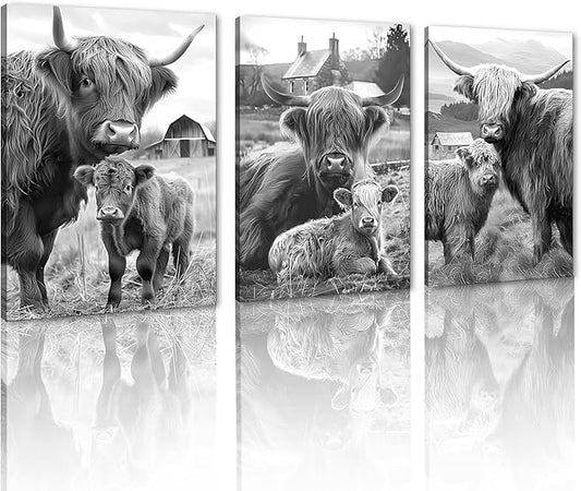 Rustic Cow Family Canvas Wall Art 3 Piece Black and White Highland Cow Picture for Bathroom Wall Decor Cute Animal Print Artwork for Country House Gallery Bedroom Decoration 20x28inchx3pcs