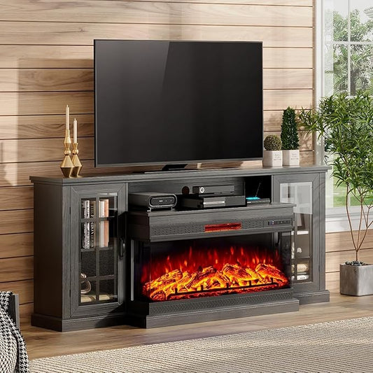 AMERLIFE 75in 3-Sided Glass Fireplace TV Stand for TVs up to 85", Rustic Fireplace Media Entertainment Center Console Cabinet Table with Glass Door Closed Storage, Black