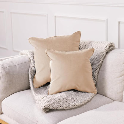 FDP 18" x 18" Velvet Square Pillow Set with Piping Decorative Throw Pillow for Home Dcor in Living Room, Bedroom or Lounge (2-Pack) - Beige, 15158-340