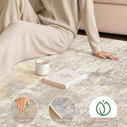 cotiled 3x5 Area Rugs for Living Room - Washable Neutral Abstract Carpet Non Slip Soft Rug for Bedroom & Dining Table, Robot Vacuum & Pet Friendly Floor Decor Gold/Grey/Brown