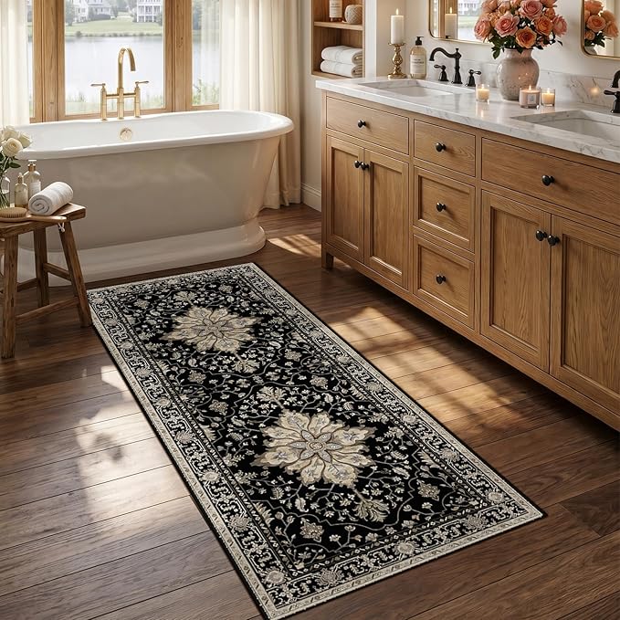 RELEANY Area Rugs 2'6"x5' Runner Rug Non Slip Washable for Kitchen Hallway Bedroom Beside Laundry Room Bathroom Rug, Floor Carpet, Black Brown Neutral Dark Tan