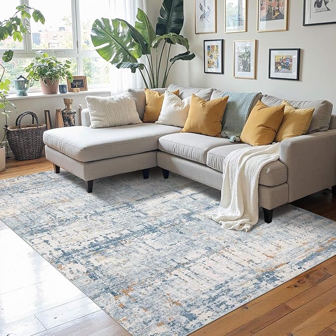 Rugxara 4x6 Rug for Living Room Bedroom, Grey Washable Throw Rugs, Abstract Area Rugs, Non Slip & Low Pile Accent Carpet for Indoor Dining Room, Kids Room and Office(Blue Beige)