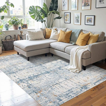 Rugxara 4x6 Rug for Living Room Bedroom, Grey Washable Throw Rugs, Abstract Area Rugs, Non Slip & Low Pile Accent Carpet for Indoor Dining Room, Kids Room and Office(Blue Beige)
