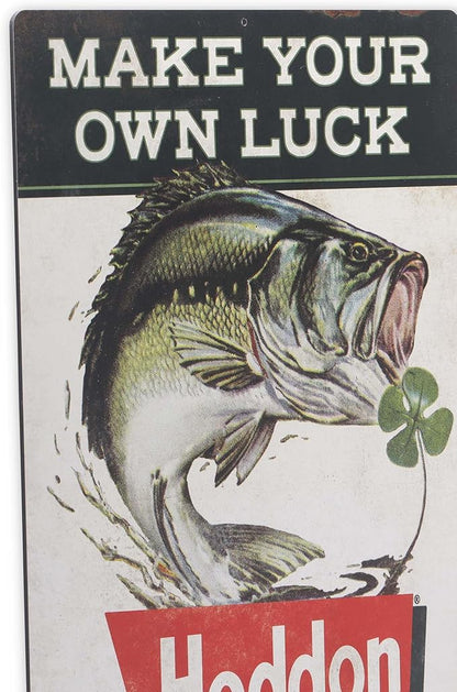 Heddon Lures Make Your Own Luck Metal Sign - Vintage Heddon Wall Decor for Man Cave or Garage