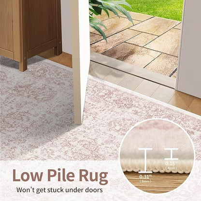 Rugxara Washable Area Rug for Living Room & Bedroom, Light Pink Rugs for Women, Non Slip, Durable Low Pile Carpet, Vintage Carpets for Office, Dining Room, Kids Room and Farmhouse(4x6ft)