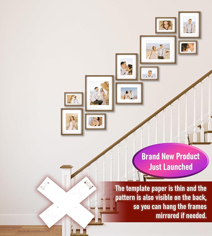 VELISTA 11 Piece Stair Picture Frame Set for Wall – Shadow Box Stairwell Gallery Wall Frame Set–Rustic Stairway Décor for Walls -Wooden Ladder Picture Frames - Farmhouse Staircase Wall Décor(Walnut)