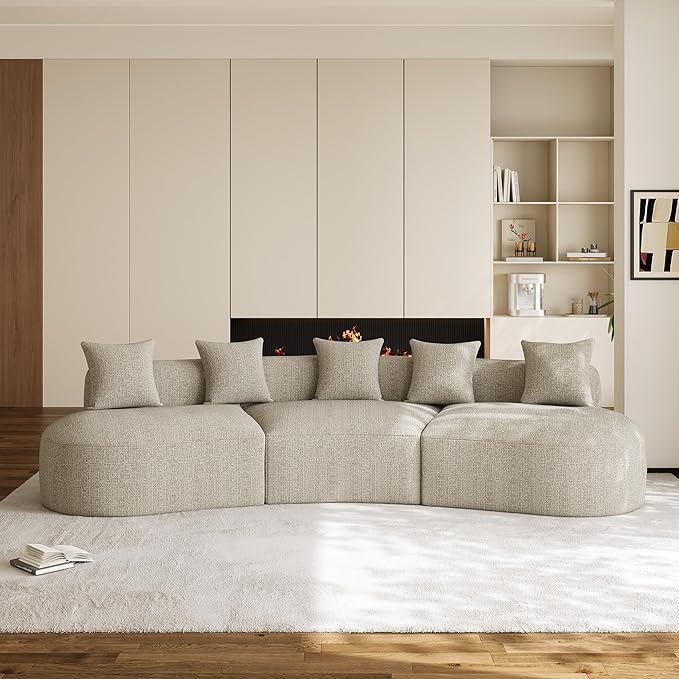 134" Oversized Sectional Sofa for Living Room, Modern Luxury Plush Chenille 4-Seater Extra Deep & Wide Seat Curved Cloud Couch with 5 Throw Pillows, No Assembly Needed, Light Brown