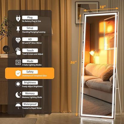 Hasipu Full Length Mirror with Lights, 56" x 18" LED Lighted Floor Standing, Full Body Dressing Hanging Mounted Mirror, Tempered Glass, Square White