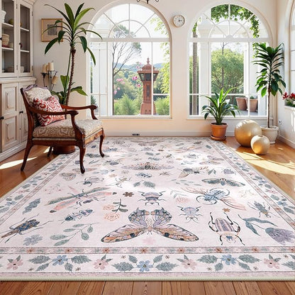 Lahome Insect 9x12 Area Rugs for Living Room Bedroom, Soft Washable Rugs 9x12 Stain Resistant, Ultra-Thin Non-Slip Non-Shedding Accent Carpet for Dining Room Office Vionnet, Pink