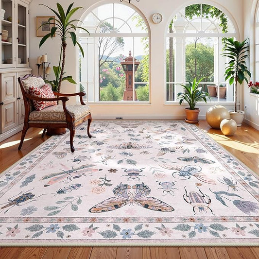 Lahome Insect 9x12 Area Rugs for Living Room Bedroom, Soft Washable Rugs 9x12 Stain Resistant, Ultra-Thin Non-Slip Non-Shedding Accent Carpet for Dining Room Office Vionnet, Pink