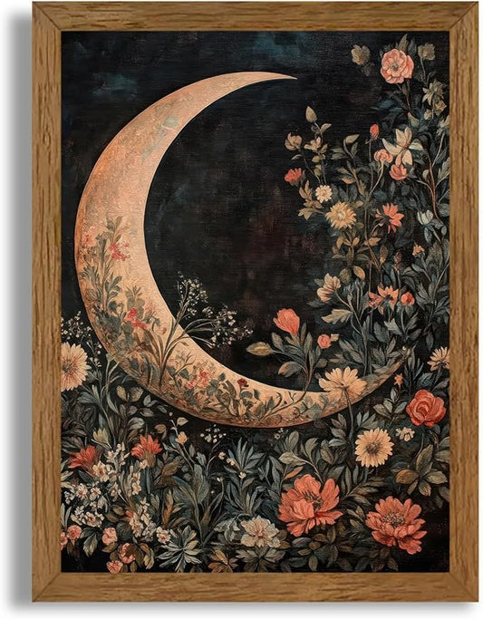 JLTULT Framed Vintage Floral and Moon Canvas Wall Art, Dark Mystical Celestial Floral Wall Decor, William Morris Gothic Prints Artwork for Bedroom Living Room Office Decoration 12x16 in Easy to Hang