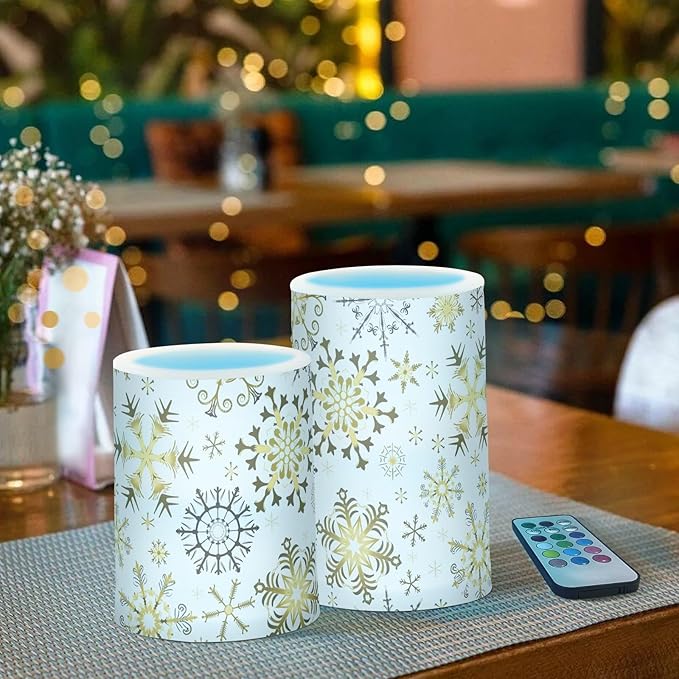 Christmas Lights Decorations Flameless Candles Golden Snowflake White Pillar Candles Set of 2 Battery Operated Remote Control Warm Lights