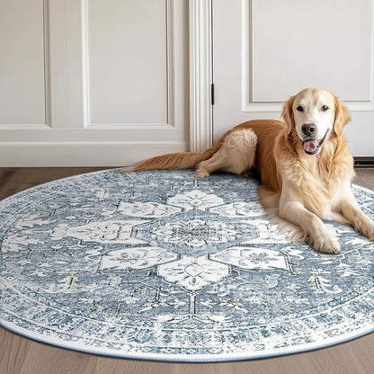 BESTSWEETIE 4ft Area Rug Washable Rugs for Living Room, No Pile Boho Carpet for Entryway Bedroom Dinning Room, Vintage Carpet Print Distressed Non-Slip, 48" Round, Blue Grey White