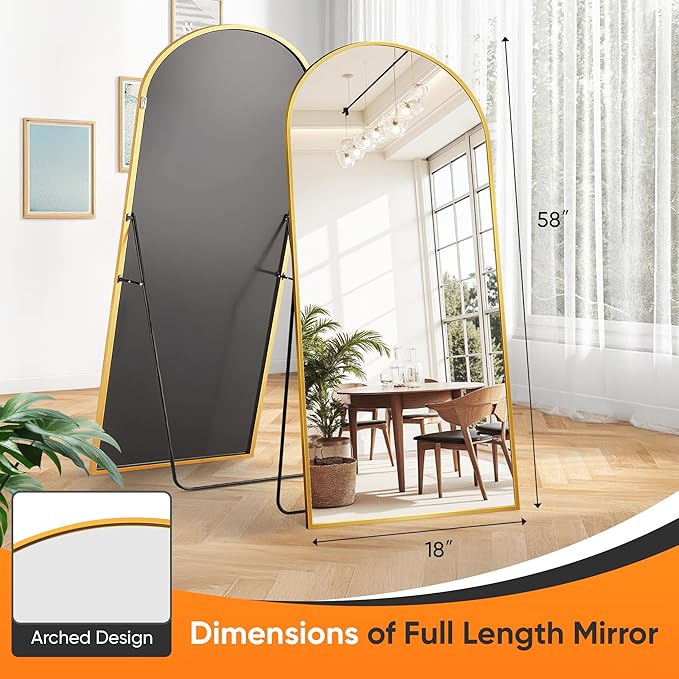 Suidia Full Length Mirror, 58"x18" Floor Standing Mirror Freestanding, Full Body Mirrors with Stand for Bedroom, Hanging Mounted for Living Room Cloakroom, Gold, Arched Style
