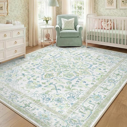 CAPALOCA Machine Washable Rugs Nursery Rug 6x9 Cute Girl Non Slip Low Pile Water Repellent Soft Print Pattern for Bedroom Indoor Decor Kids Playroom Green Blue