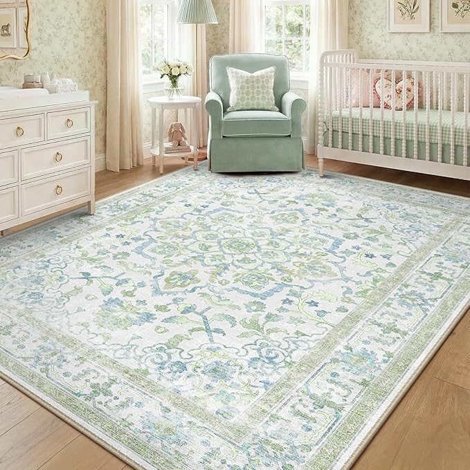 CAPALOCA Machine Washable Rugs Nursery Rug 7x9 Cute Girl Non Slip Low Pile Water Repellent Soft Print Pattern for Bedroom Indoor Decor Kids Playroom Green Blue