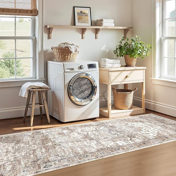 3x14 Washable Runner Rug :Hallway Runner with Non Slip Backing Farmhouse for Bedroom Bathroom Living Room Rug Vintage Large Soft Entryway for Kitchen Laundry Room Stain Resistant Carpet-Tea Brown