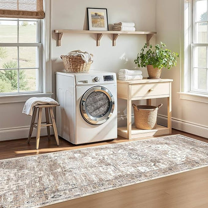 3x14 Washable Runner Rug :Hallway Runner with Non Slip Backing Farmhouse for Bedroom Bathroom Living Room Rug Vintage Large Soft Entryway for Kitchen Laundry Room Stain Resistant Carpet-Tea Brown