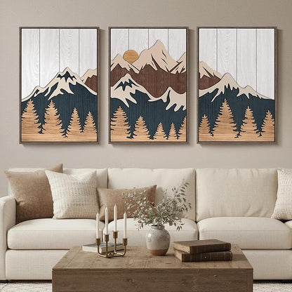 Framed Wood 3D Mountain Textured Wall Art for Living Room, Set of 3 Farmhouse Modern Wood Artwork for Walls, Large Mountain Forest Landscape Wall Art Decor for Home Office Bedroom Hallway, 20x30 Inch