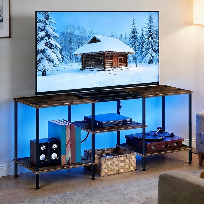50 Inch TV Stand with Power Outlets and LED Lights, Rustic Brown TV Stands for Living Room Farmhouse Small Entertainment Center with Storage, 3 Tier TV Media Console Table for 50 43 40 32 Inch TV