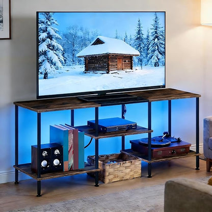 50 Inch TV Stand with Power Outlets and LED Lights, Rustic Brown TV Stands for Living Room Farmhouse Small Entertainment Center with Storage, 3 Tier TV Media Console Table for 50 43 40 32 Inch TV