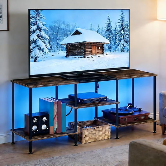 50 Inch TV Stand with Power Outlets and LED Lights, Rustic Brown TV Stands for Living Room Farmhouse Small Entertainment Center with Storage, 3 Tier TV Media Console Table for 50 43 40 32 Inch TV