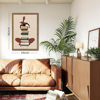 AKWISH Wood Framed Black Girl Canvas Wall Art – African American Wall Decor, Modern Black Woman with Book Art for Bedroom Living Room – 36x24 inch