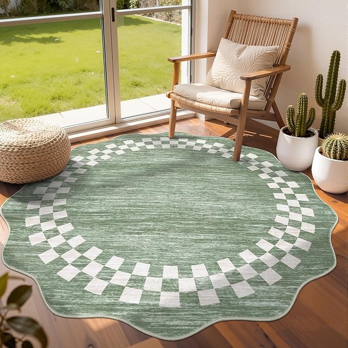 6ft Washable Round Rug for Entryway Modern Checkered Bedroom Circle Rug Non Slip Soft Dining Room Round Throw Carpet Large Stain Resistant Border Round Rugs for Living Room Kitchen Bathroom, Green